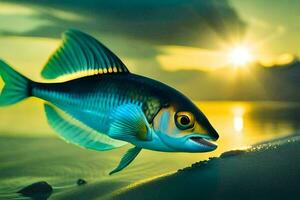 poisson, le soleil, coucher de soleil, eau, poisson, le océan, HD fond d'écran. généré par ai photo