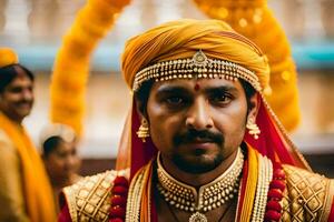 une homme dans traditionnel Indien tenue avec or et Jaune costume. généré par ai photo