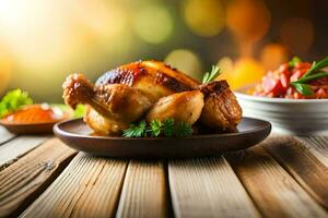 poulet sur une en bois table avec sauce et des légumes. généré par ai photo