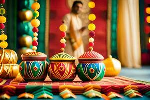 Indien mariage décor avec coloré des pots et guirlandes. généré par ai photo