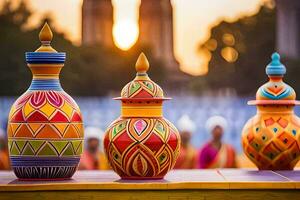 coloré des vases sur afficher à le coucher du soleil. généré par ai photo