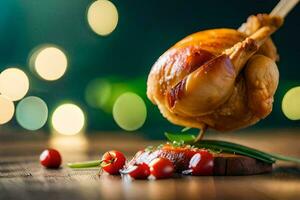 une rôti poulet avec une en bois cuillère sur Haut de une en bois tableau. généré par ai photo