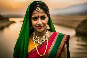 une femme dans traditionnel sari pose pour une portrait. généré par ai photo