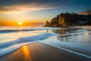 le Soleil ensembles plus de le océan et vagues. généré par ai photo