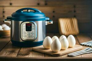 un instant pot avec des œufs sur une Coupe planche. généré par ai photo