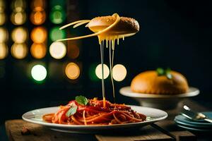 une assiette de spaghetti étant levé dans le air. généré par ai photo