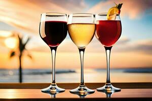 Trois des lunettes de du vin avec une le coucher du soleil dans le Contexte. généré par ai photo