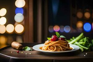 une assiette de spaghetti avec une Cerise sur Haut. généré par ai photo