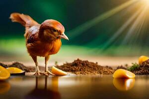 une oiseau est permanent sur le sol avec des oranges. généré par ai photo