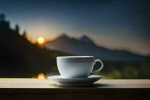 une tasse de café sur une table dans de face de une Montagne. généré par ai photo