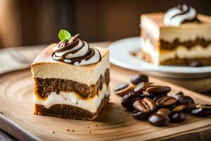 une pièce de gâteau avec café des haricots sur une en bois tableau. généré par ai photo