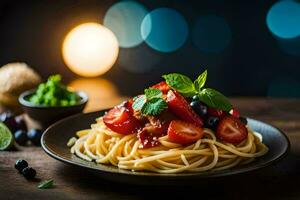 spaghetti avec tomates, basilic et myrtilles sur une plaque. généré par ai photo