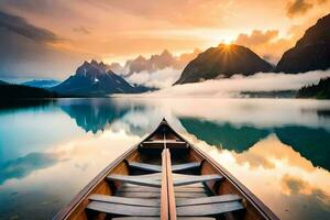 le bateau est sur le calme Lac à le coucher du soleil. généré par ai photo