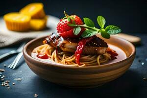 une bol de spaghetti avec Viande et des fraises. généré par ai photo