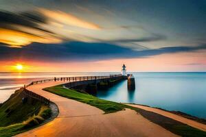 une phare à le coucher du soleil avec une longue exposition. généré par ai photo