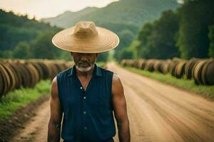 une homme portant une paille chapeau des stands sur une saleté route. généré par ai photo