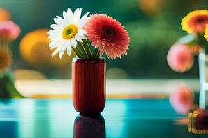 une vase avec deux fleurs séance sur une tableau. généré par ai photo