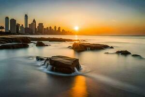 le Soleil ensembles plus de le ville horizon dans Dubai. généré par ai photo