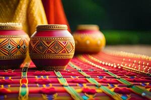 Trois coloré des pots séance sur une rouge tableau. généré par ai photo