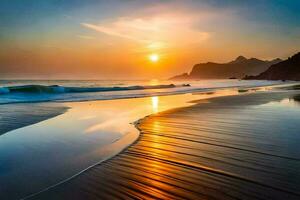 le Soleil monte plus de le océan et le vagues sur le plage. généré par ai photo