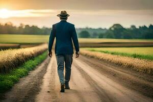 une homme dans une costume et chapeau des promenades vers le bas une saleté route. généré par ai photo