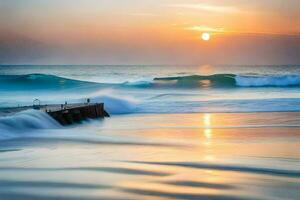 le Soleil ensembles plus de le océan et vagues. généré par ai photo