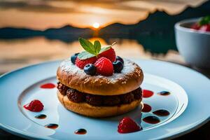 une dessert avec baies et une tasse de café sur une plaque. généré par ai photo