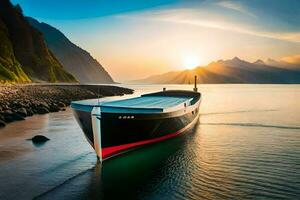 une bateau est amarré à le rive de une lac. généré par ai photo