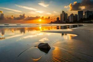 le Soleil ensembles plus de le ville horizon sur une plage. généré par ai photo