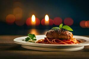 spaghetti avec Boulettes de viande sur une assiette avec bougies dans le Contexte. généré par ai photo