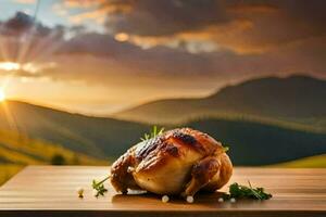 une poulet sur une en bois table avec le Soleil réglage derrière il. généré par ai photo