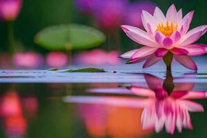 une rose lotus fleur est réfléchi dans le l'eau. généré par ai photo