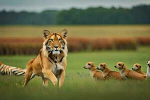 une tigre et sa petits en marchant par une champ. généré par ai photo