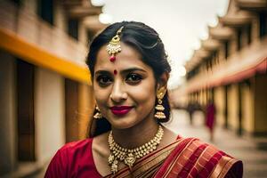 une magnifique femme dans une rouge sari. généré par ai photo