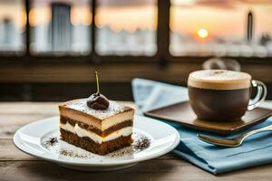 une tranche de gâteau et une tasse de café sur une en bois tableau. généré par ai photo