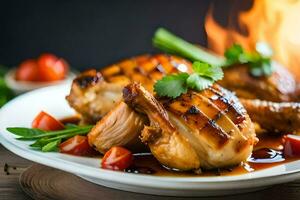 grillé poulet avec sauce et herbes sur une plaque. généré par ai photo