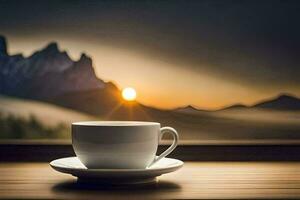 une tasse de café sur une table dans de face de une fenêtre avec montagnes dans le Contexte. généré par ai photo