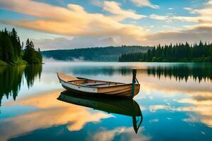 une bateau est assis sur le calme des eaux de une lac. généré par ai photo