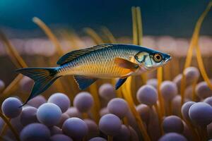 une poisson nager dans le océan entouré par des œufs. généré par ai photo