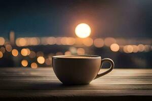 une tasse de café sur une en bois table dans de face de une paysage urbain. généré par ai photo