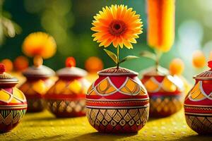 beaucoup coloré des pots avec fleurs dans eux. généré par ai photo