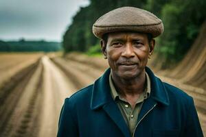 une homme portant une chapeau des stands dans le milieu de une saleté route. généré par ai photo