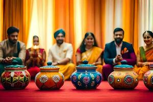 une groupe de gens séance autour une table avec coloré marmites. généré par ai photo