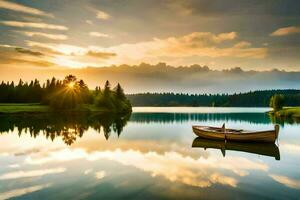 le bateau sur le Lac à le coucher du soleil. généré par ai photo