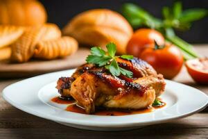 poulet Sein avec sauce et des légumes sur une blanc plaque. généré par ai photo