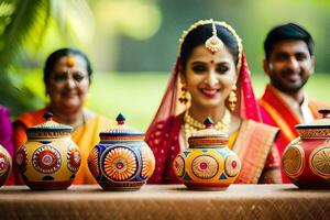 une la mariée et jeune marié dans traditionnel Indien tenue. généré par ai photo