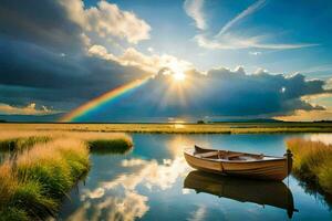 le bateau est dans le milieu de le l'eau et le arc en ciel est réfléchi dans le l'eau. généré par ai photo