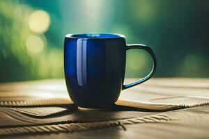 une bleu café tasse sur une en bois tableau. généré par ai photo