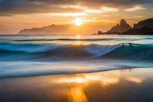 le Soleil monte plus de le océan et vagues. généré par ai photo