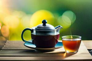 une tasse de thé et une théière sur une en bois tableau. généré par ai photo